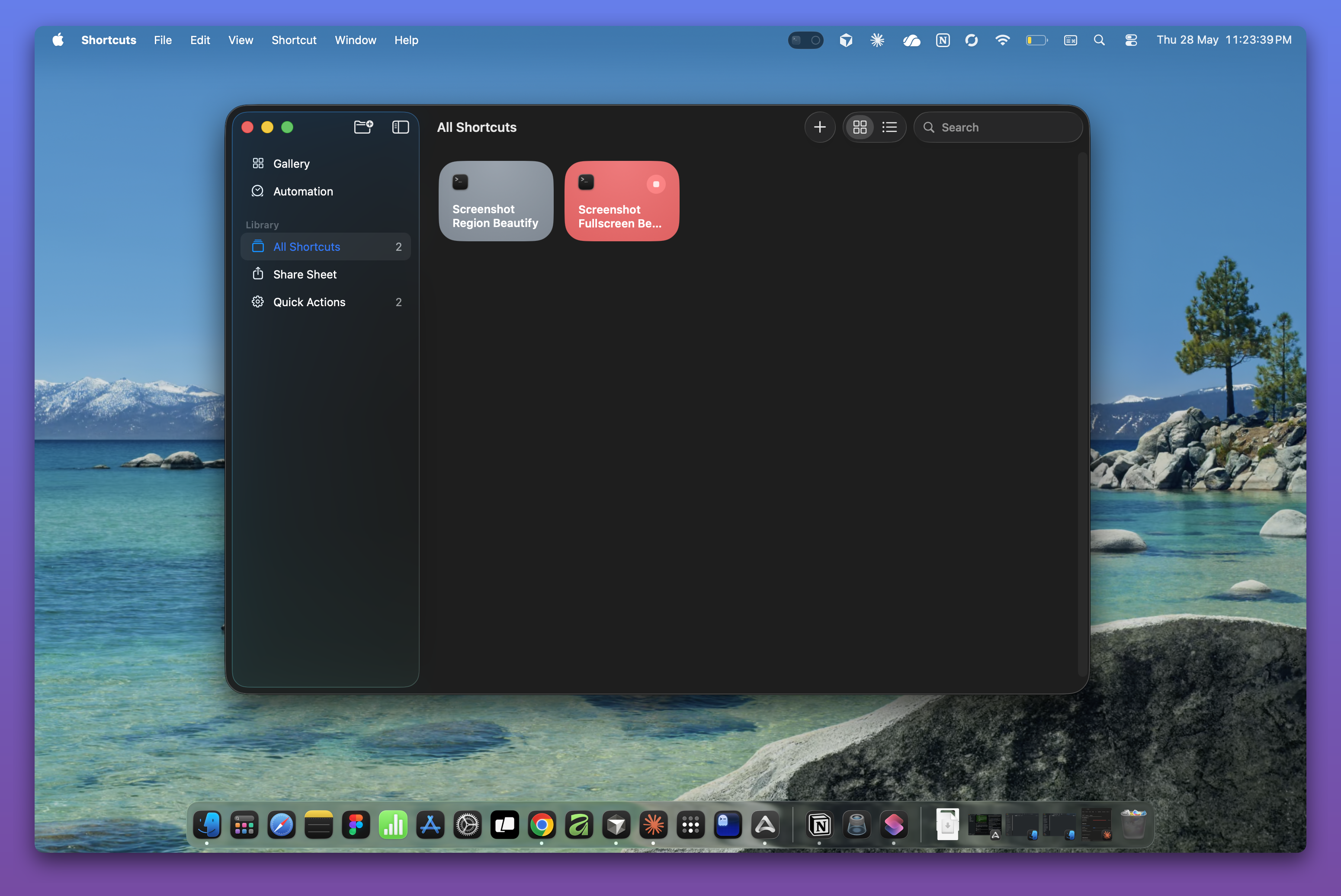 macOS Shortcuts app with Screenshot Region Beautify and Screenshot Fullscreen Beautify shortcuts